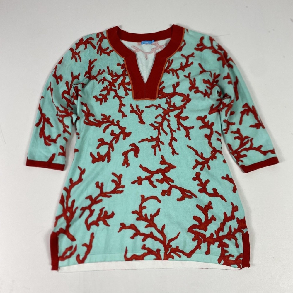 J. McLaughlin Sweater Soft Tunic Womens Medium Green V Neck Floral 3/4 Sleeve